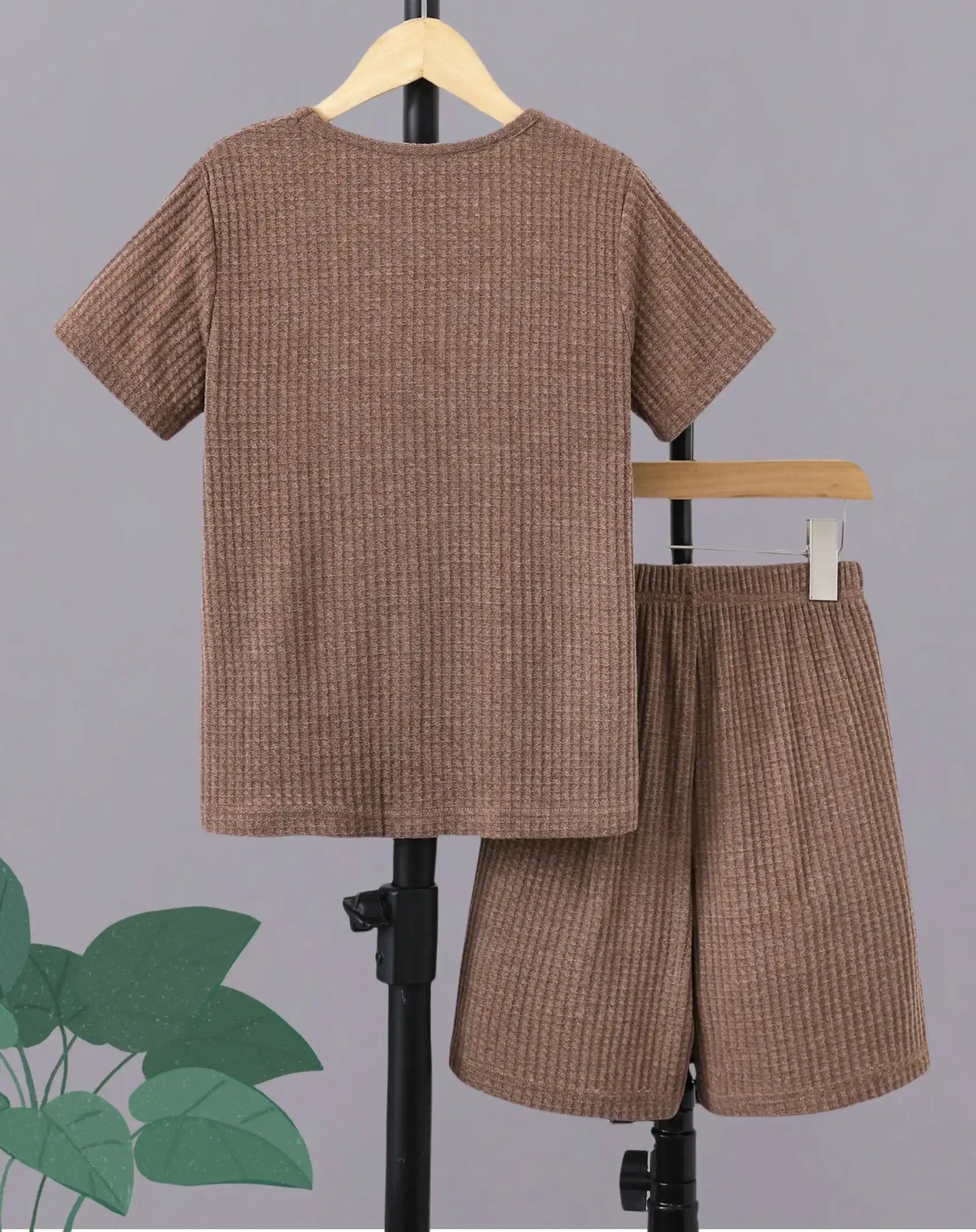 Fashion trend Summer boys short-sleeved T-shirt blazer elastic waist brown casual comfortable breathable shorts two-piece set