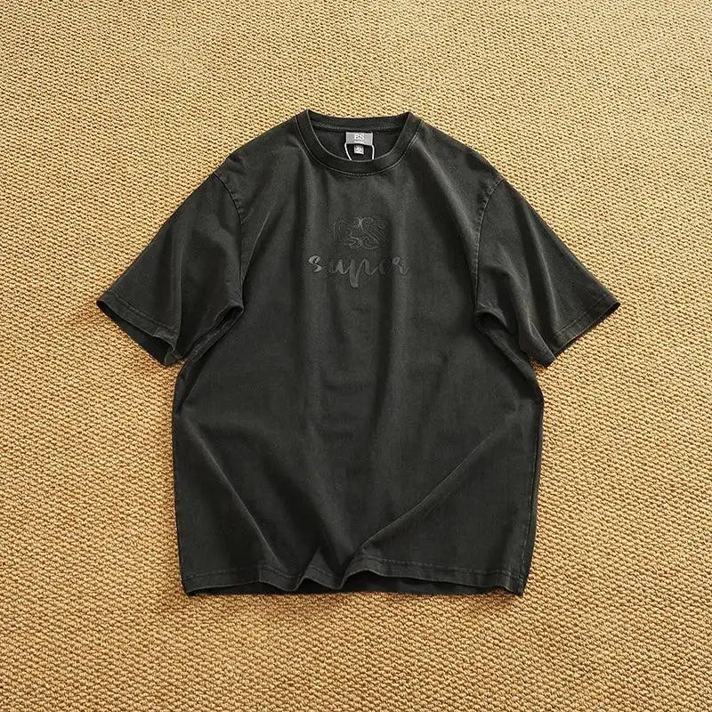 Summer Men's Heavyweight Vintage Washed 100% Cotton T-shirt Oversize American Retro Style Distressed Drop Shoulder Cityboy Tees