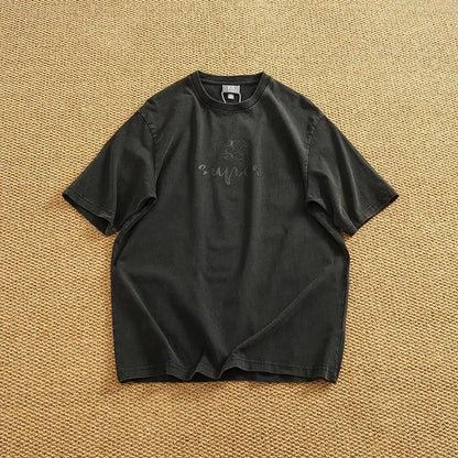 Summer Men's Heavyweight Vintage Washed 100% Cotton T-shirt Oversize American Retro Style Distressed Drop Shoulder Cityboy Tees