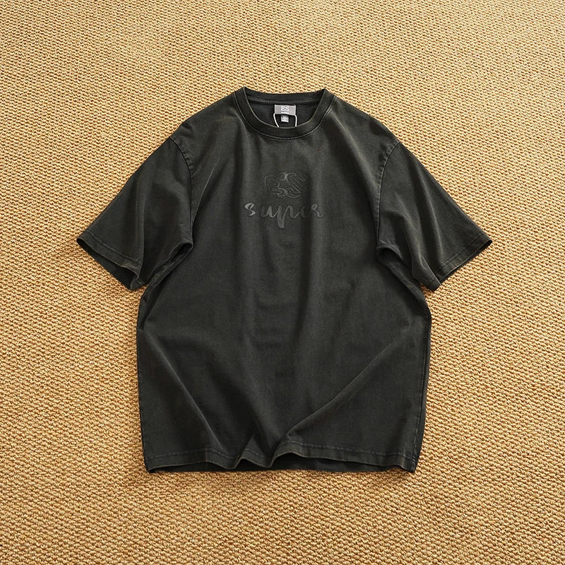 Summer Men's Heavyweight Vintage Washed 100% Cotton T-shirt Oversize American Retro Style Distressed Drop Shoulder Cityboy Tees