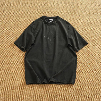 Summer Men's Heavyweight Vintage Washed 100% Cotton T-shirt Oversize American Retro Style Distressed Drop Shoulder Cityboy Tees
