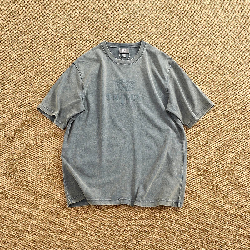 Summer Men's Heavyweight Vintage Washed 100% Cotton T-shirt Oversize American Retro Style Distressed Drop Shoulder Cityboy Tees