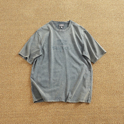Summer Men's Heavyweight Vintage Washed 100% Cotton T-shirt Oversize American Retro Style Distressed Drop Shoulder Cityboy Tees
