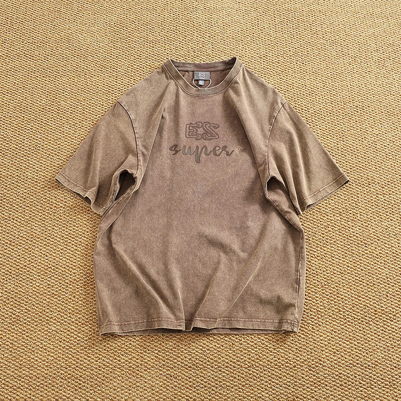 Summer Men's Heavyweight Vintage Washed 100% Cotton T-shirt Oversize American Retro Style Distressed Drop Shoulder Cityboy Tees