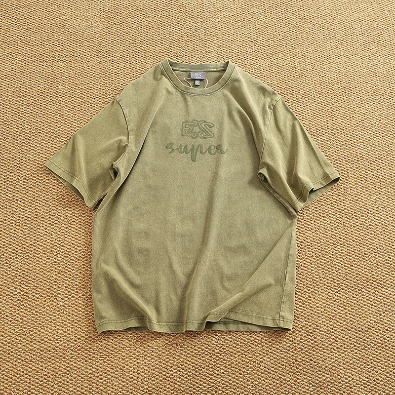 Summer Men's Heavyweight Vintage Washed 100% Cotton T-shirt Oversize American Retro Style Distressed Drop Shoulder Cityboy Tees