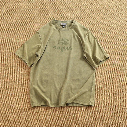 Summer Men's Heavyweight Vintage Washed 100% Cotton T-shirt Oversize American Retro Style Distressed Drop Shoulder Cityboy Tees