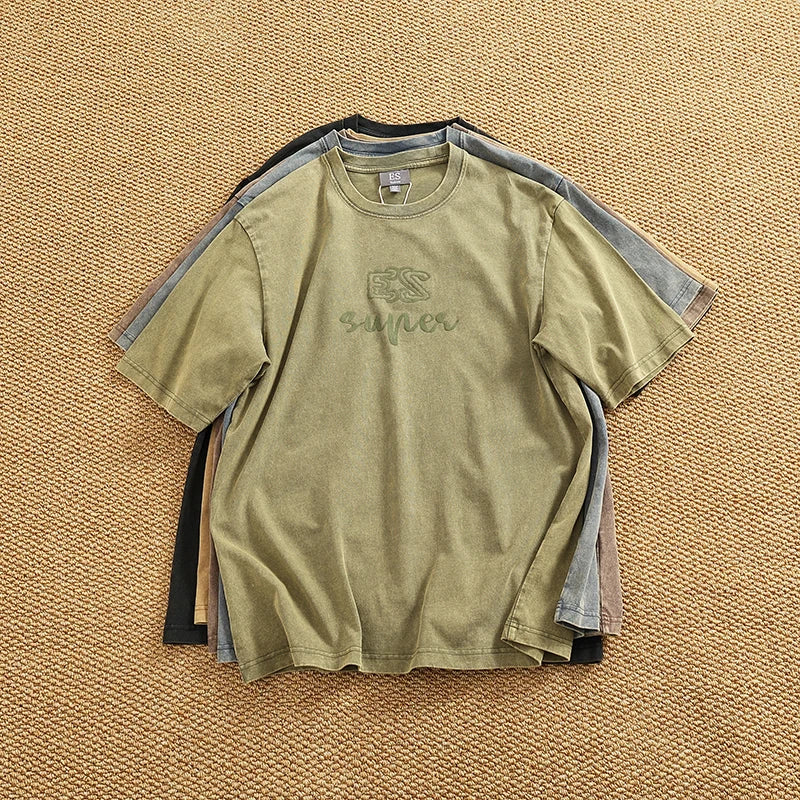 Summer Men's Heavyweight Vintage Washed 100% Cotton T-shirt Oversize American Retro Style Distressed Drop Shoulder Cityboy Tees
