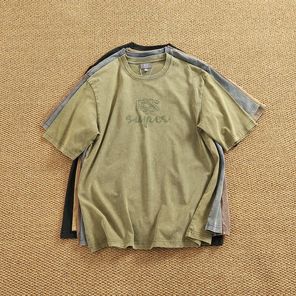 Summer Men's Heavyweight Vintage Washed 100% Cotton T-shirt Oversize American Retro Style Distressed Drop Shoulder Cityboy Tees