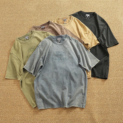 Summer Men's Heavyweight Vintage Washed 100% Cotton T-shirt Oversize American Retro Style Distressed Drop Shoulder Cityboy Tees