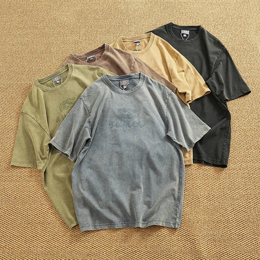 Summer Men's Heavyweight Vintage Washed 100% Cotton T-shirt Oversize American Retro Style Distressed Drop Shoulder Cityboy Tees