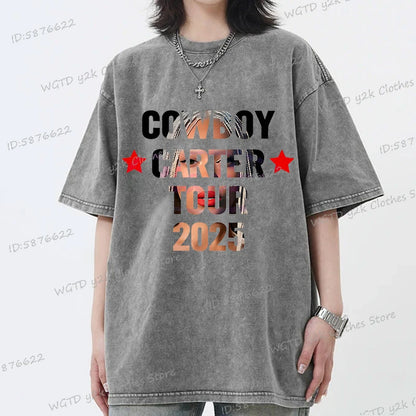 Fashion Singer Beyonce Cowboy Carter Tour New Washed T Shirt  Funny Harajuku Graphic Men Women 100% Cotton Loose Tops Tees