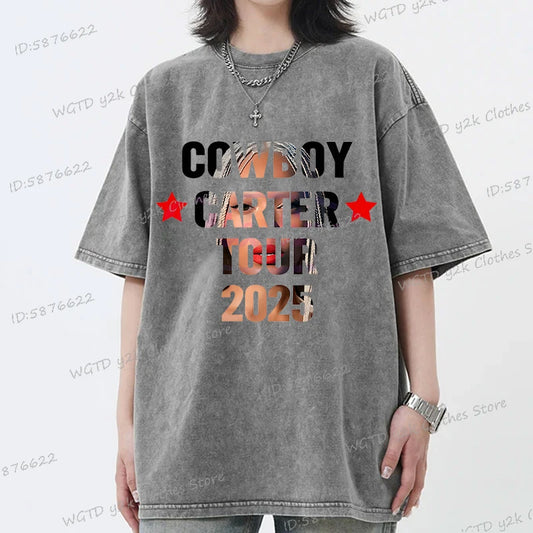 Fashion Singer Beyonce Cowboy Carter Tour New Washed T Shirt  Funny Harajuku Graphic Men Women 100% Cotton Loose Tops Tees