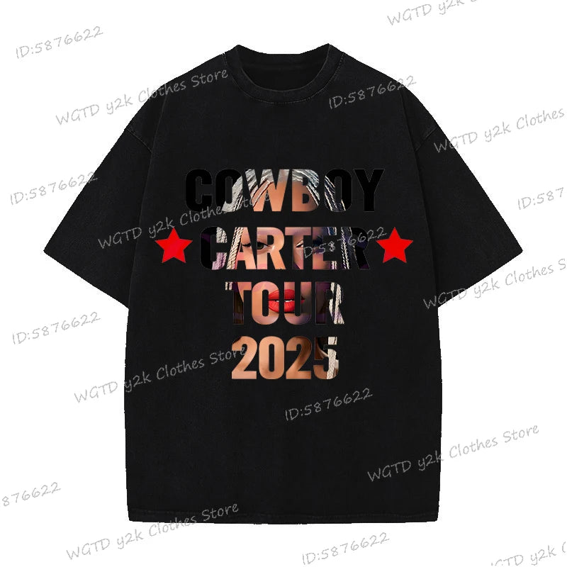 Fashion Singer Beyonce Cowboy Carter Tour New Washed T Shirt  Funny Harajuku Graphic Men Women 100% Cotton Loose Tops Tees
