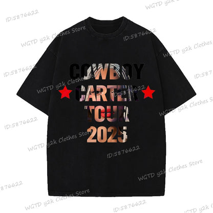 Fashion Singer Beyonce Cowboy Carter Tour New Washed T Shirt  Funny Harajuku Graphic Men Women 100% Cotton Loose Tops Tees