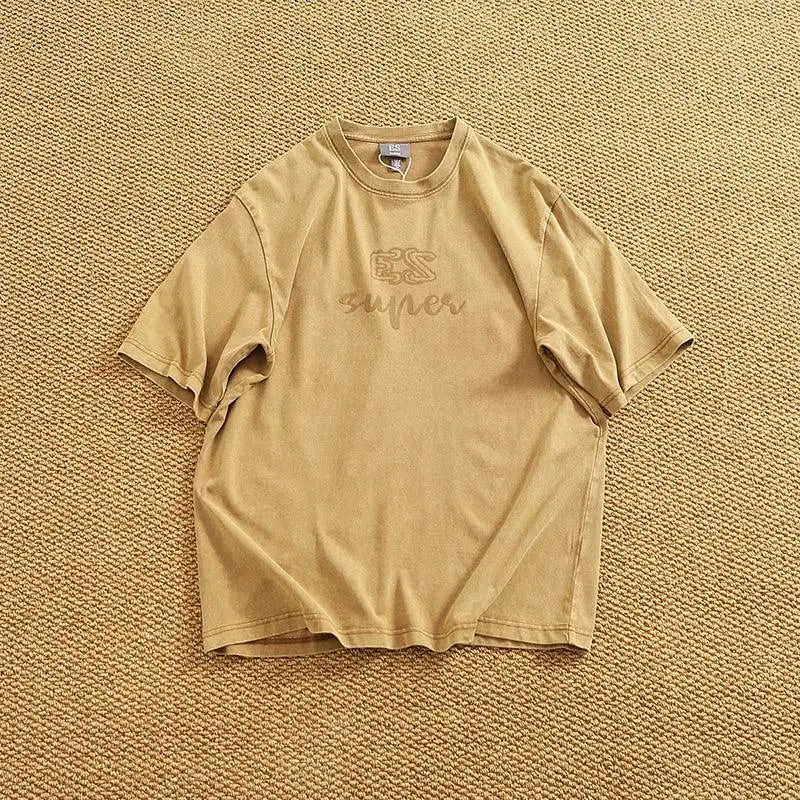 Summer Men's Heavyweight Vintage Washed 100% Cotton T-shirt Oversize American Retro Style Distressed Drop Shoulder Cityboy Tees