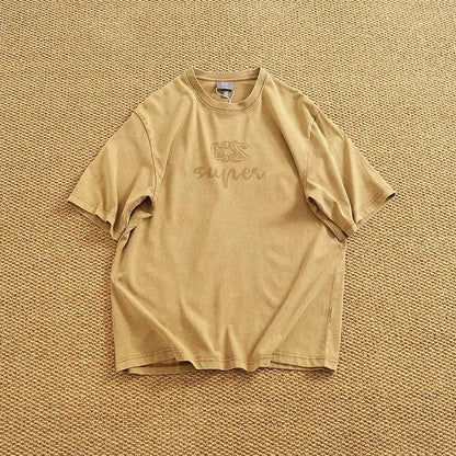 Summer Men's Heavyweight Vintage Washed 100% Cotton T-shirt Oversize American Retro Style Distressed Drop Shoulder Cityboy Tees