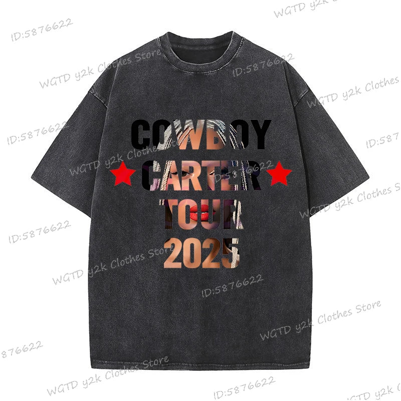 Fashion Singer Beyonce Cowboy Carter Tour New Washed T Shirt  Funny Harajuku Graphic Men Women 100% Cotton Loose Tops Tees