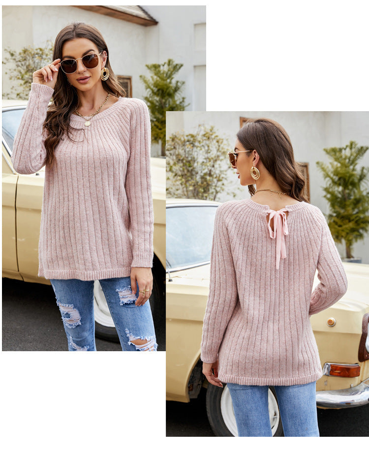 Women's Lace-up Sweater Top Long Sleeve Round Neck Sweater
