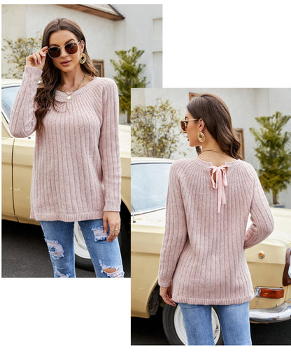 Women's Lace-up Sweater Top Long Sleeve Round Neck Sweater
