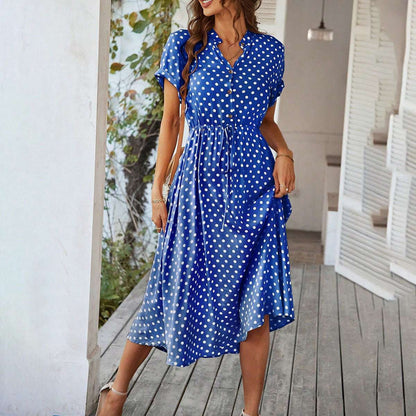 Temperament Leisure Vacation Style Polka Dot Print High Waist Lace-up Dress