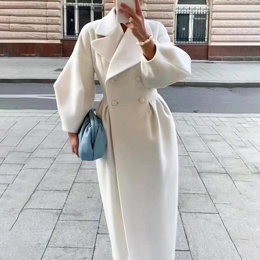 Women's Classic Winter Long Coat, Double-Breasted Belted Trench With Wide Lapel, Solid Color Oversized Overcoat For Casual Style