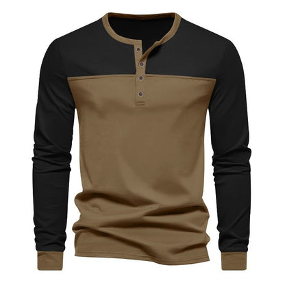 Retro Trendy Long-sleeve Color Matching Henry Collar Bottoming Shirt Casual T-shirt