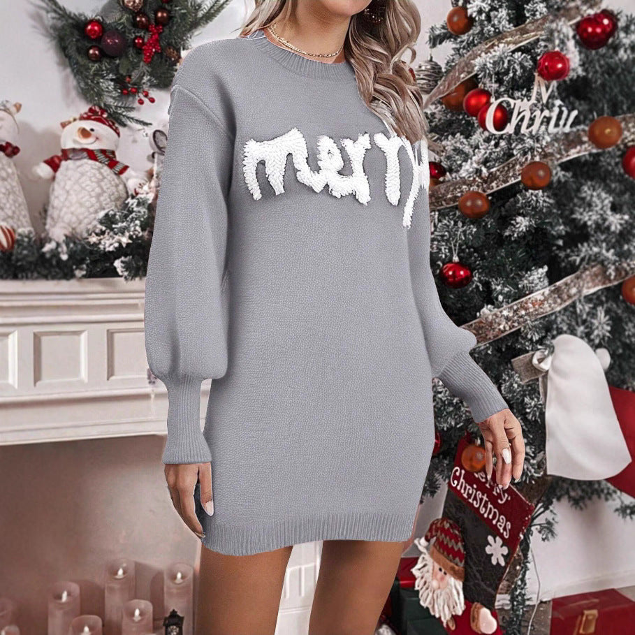 Women's Christmas Knitted Round Neck Sweater Dresses Lantern Sleeve Pullover Sheath Dress Elegant Loose New Year Party Dresses Fall Winter Knitted Sweater Jumper