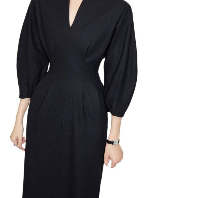 Black Female Temperament V - neck Black Dress Female - Elevra