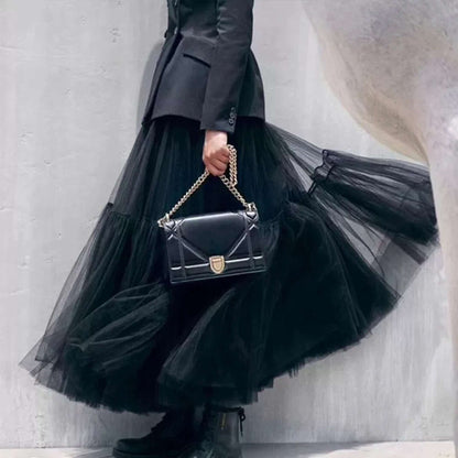 Black Mesh Maxi Hem Skirt, Maxi Dress, Mid - length Skirt, Design Sense Gauze Skirt, Big Swing Skirt, Spring Clothing, Womens Clothing - Elevra