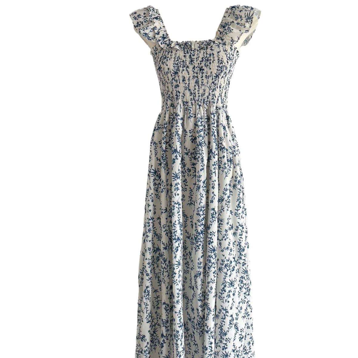 Blue Floral Slip Dress Flying Sleeve Vacation Dress - Elevra
