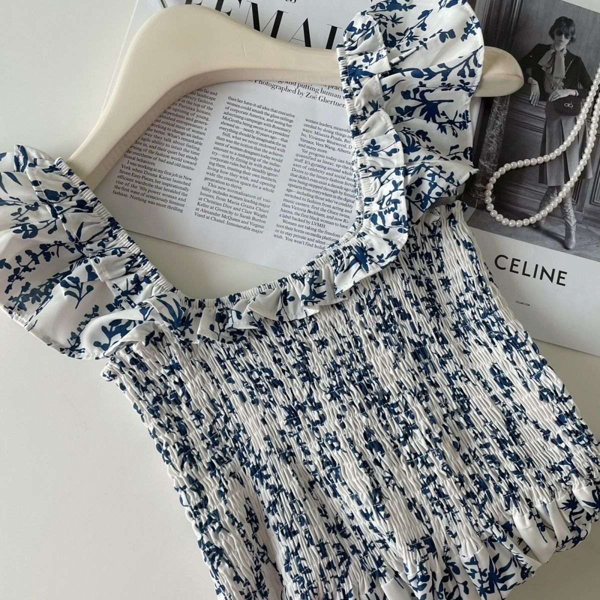 Blue Floral Slip Dress Flying Sleeve Vacation Dress - Elevra