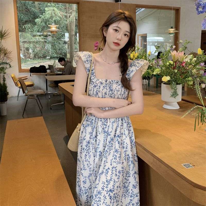 Blue Floral Slip Dress Flying Sleeve Vacation Dress - Elevra
