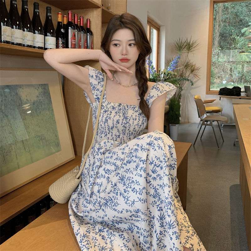 Blue Floral Slip Dress Flying Sleeve Vacation Dress - Elevra
