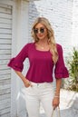 Square Collar Ruffled Half Sleeve Solid Color Loose T-shirt