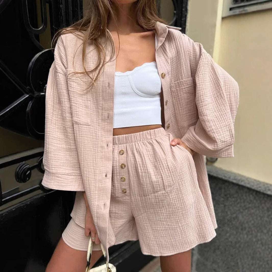 Women's Solid Color Cardigan Breasted Top Fashion Shorts Two-piece Set