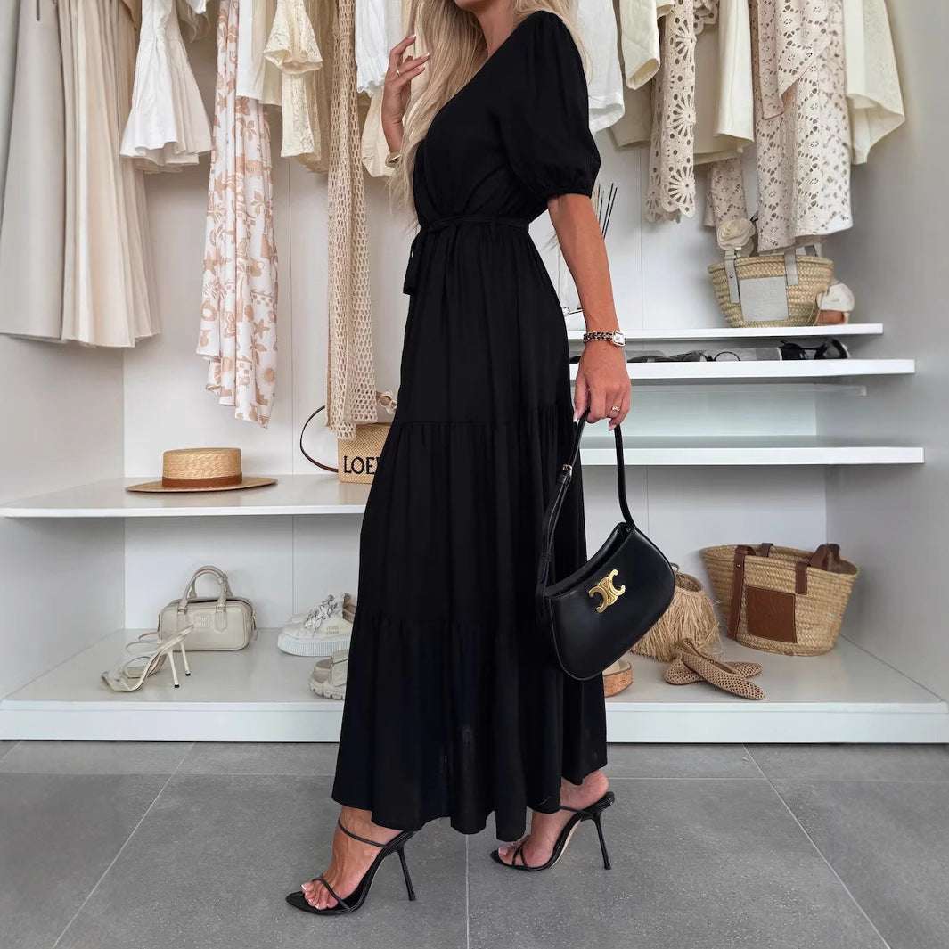 Summer V-neck Dress Wrapped Chest Solid Color Loose Lace-up Dress