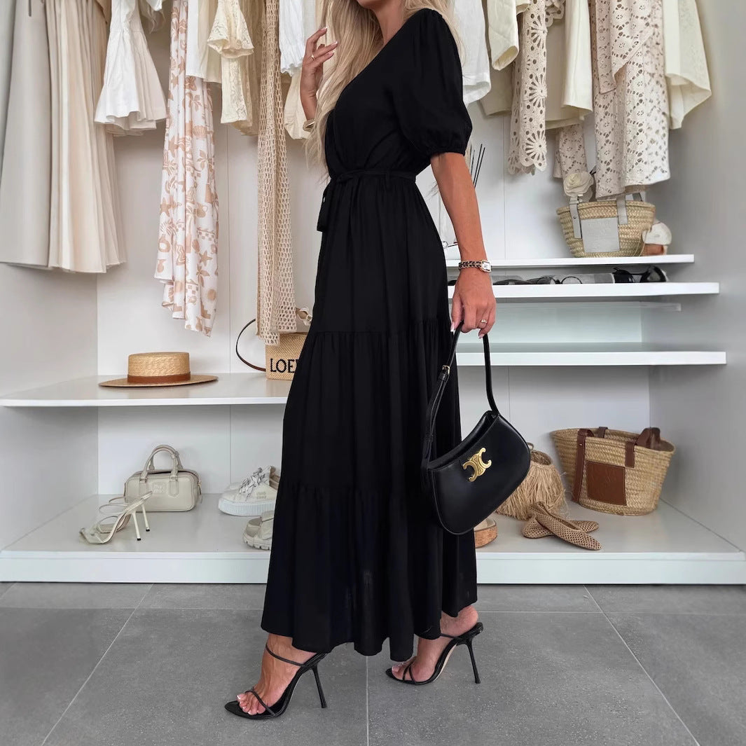 Summer V-neck Dress Wrapped Chest Solid Color Loose Lace-up Dress