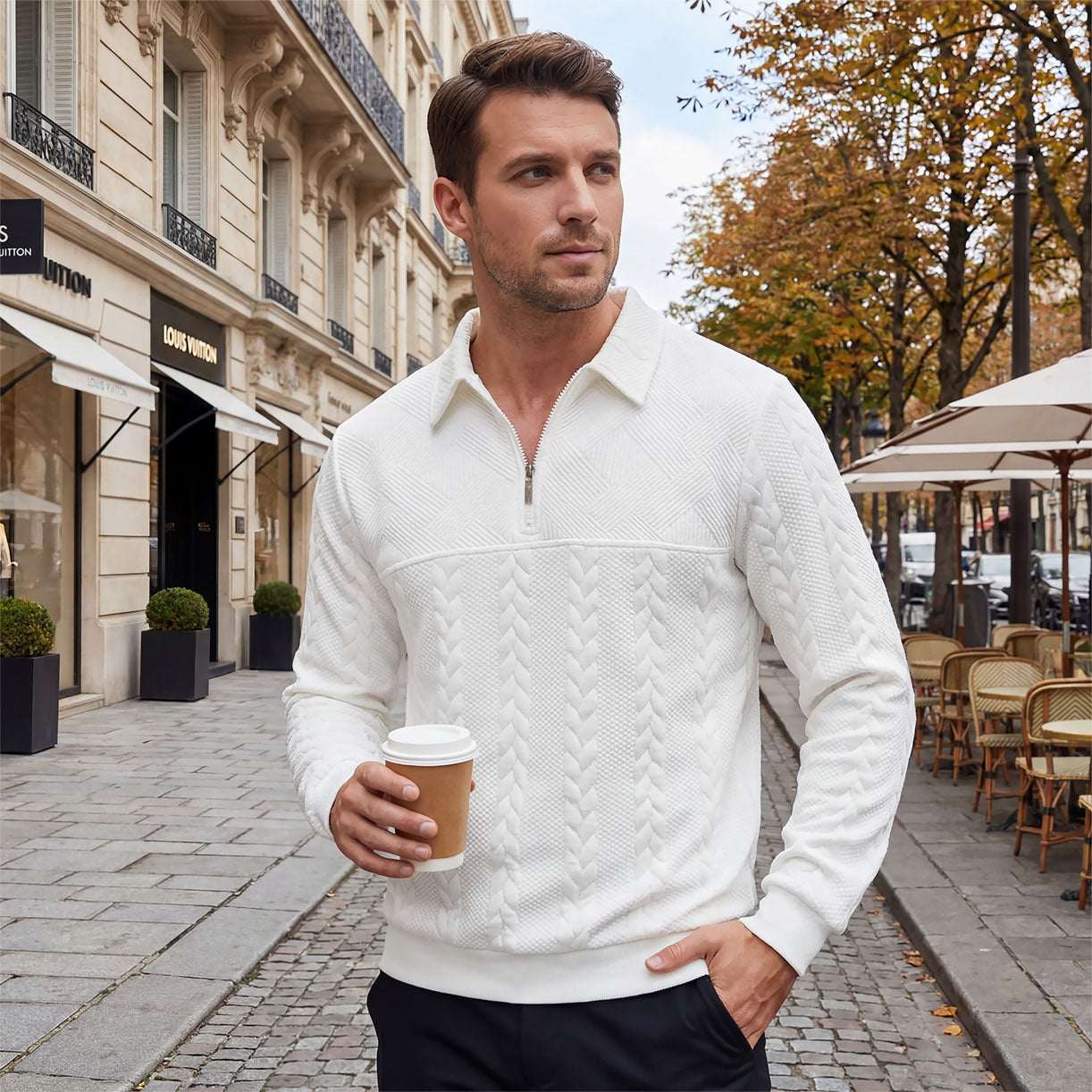 Casual Jacquard Patchwork Half - zip Polo Shirt With A Lapel Collar - Elevra