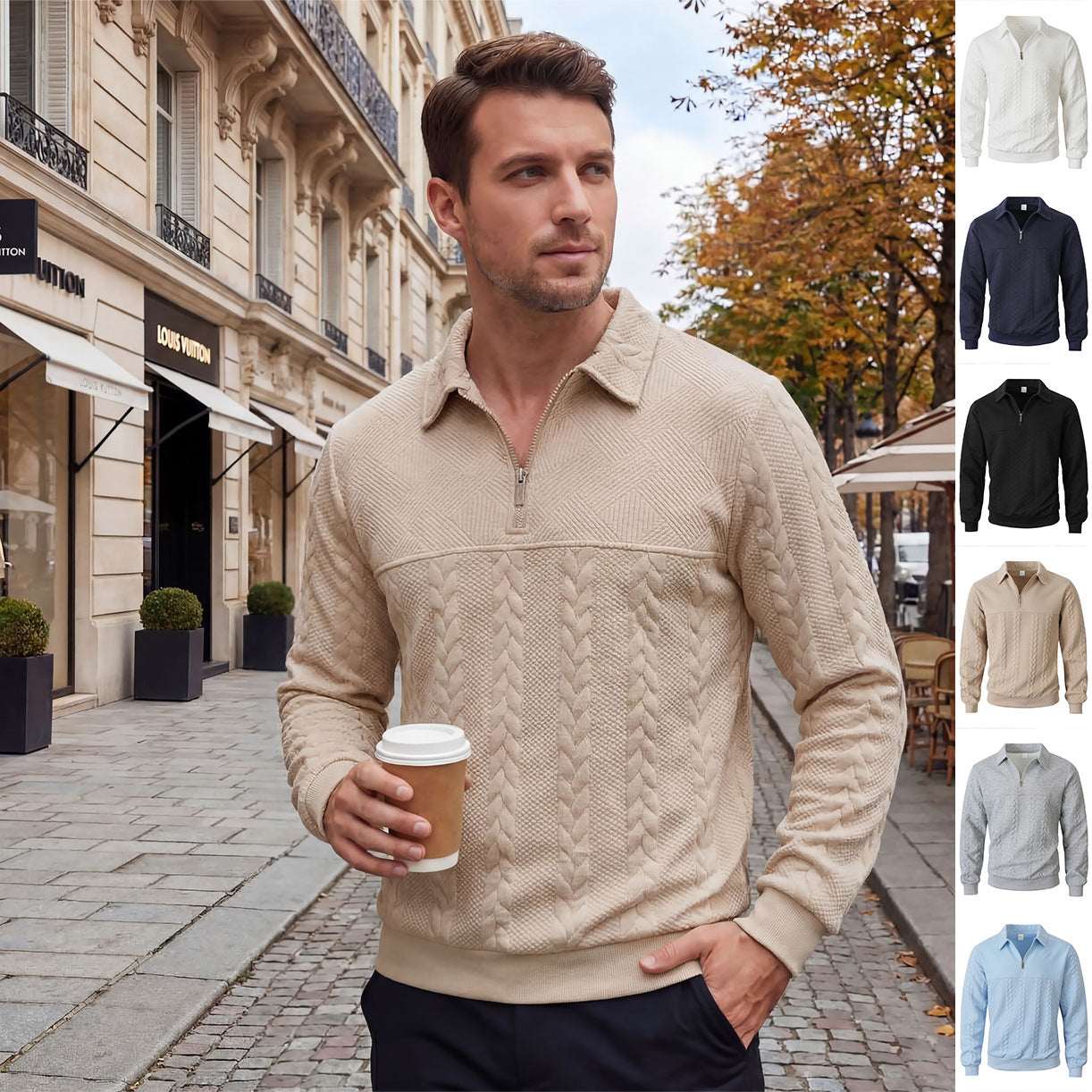 Casual Jacquard Patchwork Half - zip Polo Shirt With A Lapel Collar - Elevra