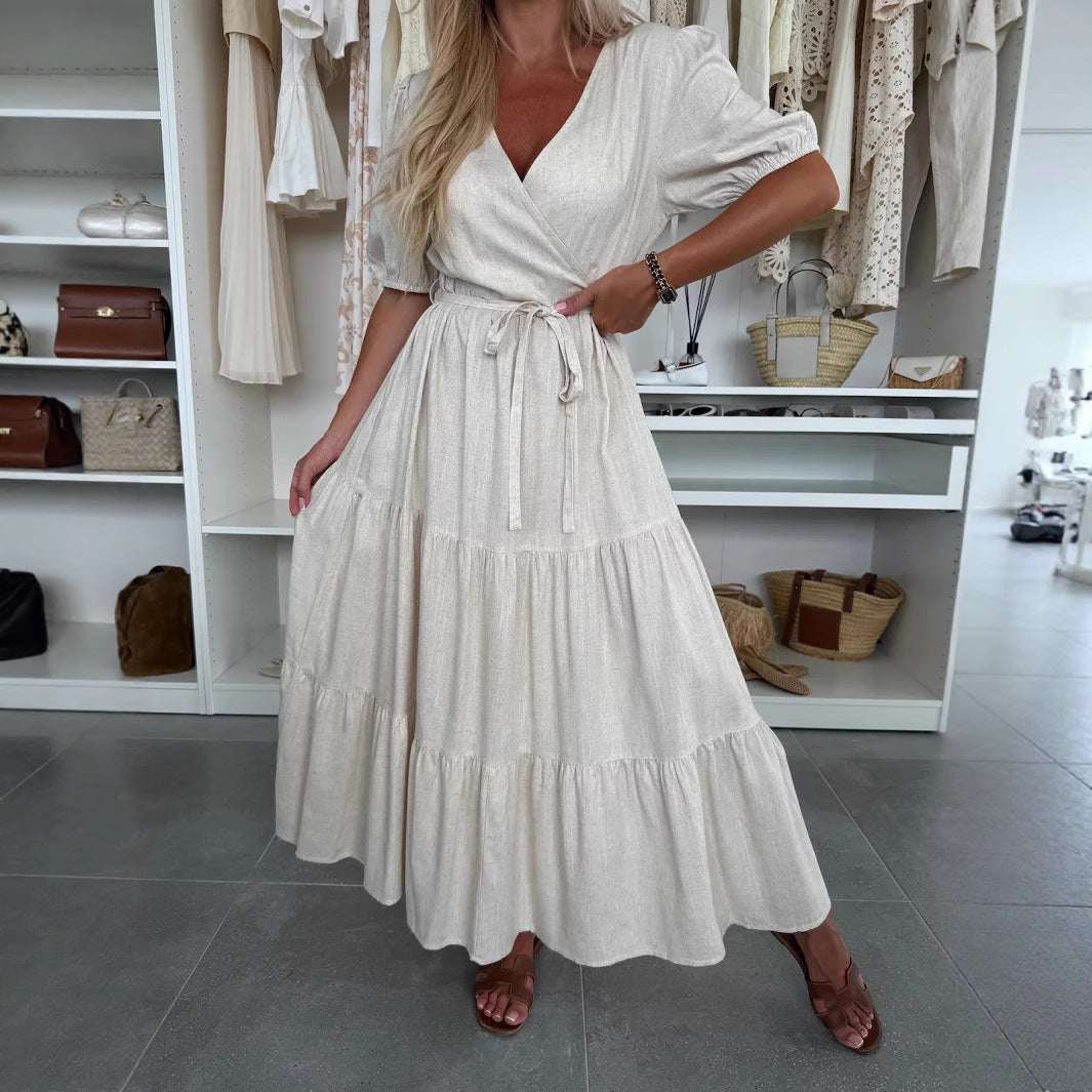 Summer V-neck Dress Wrapped Chest Solid Color Loose Lace-up Dress