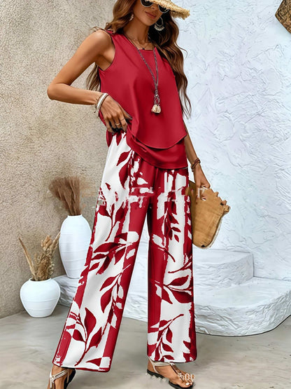 Print Suits Sleeveless Double-layer Vest And Loose Straight Pants