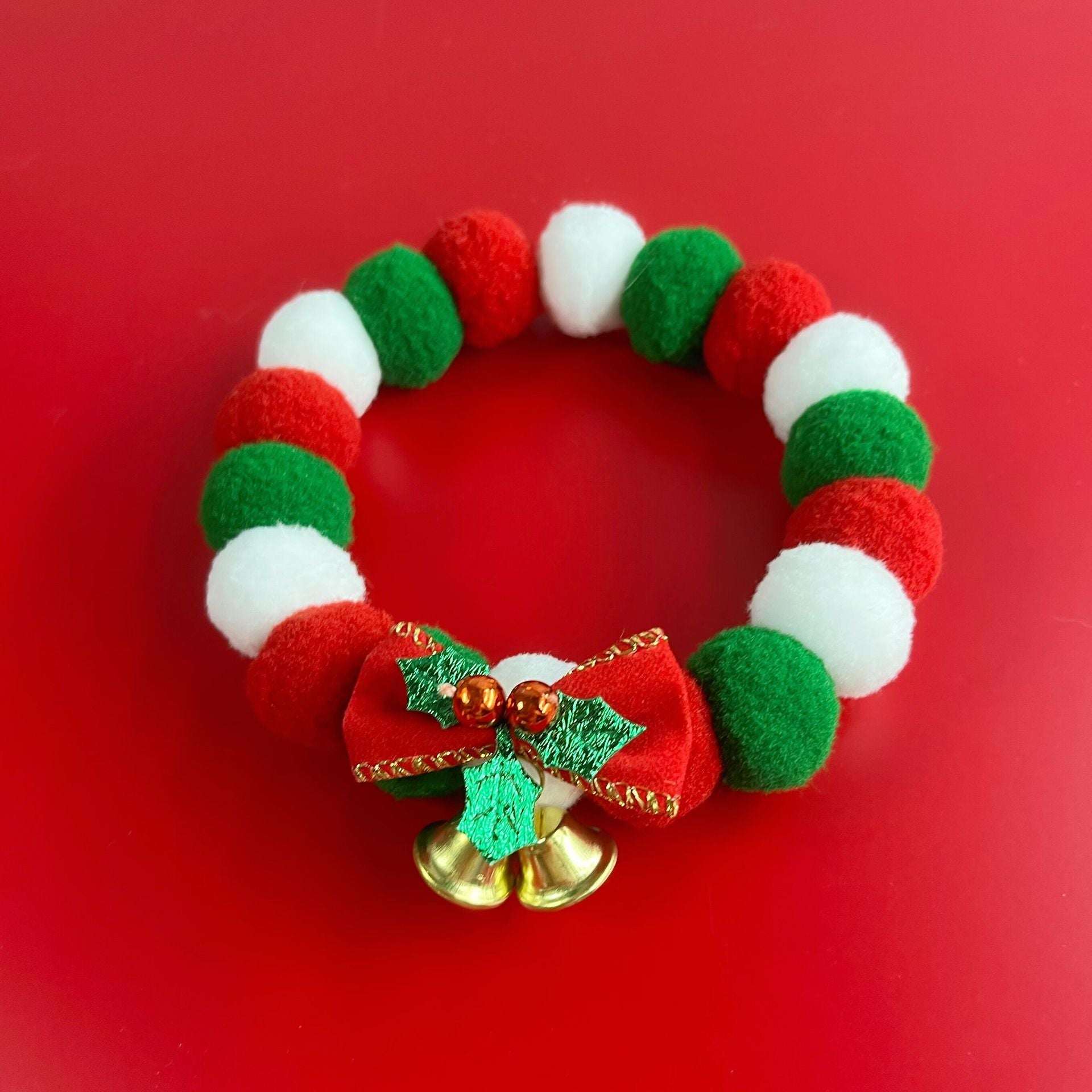 Christmas Cute Dog Cat Plush Ball Necklace Soft Elasticity Collar Pet Neck Accessories Dog Christmas Collar With Bow - Elevra
