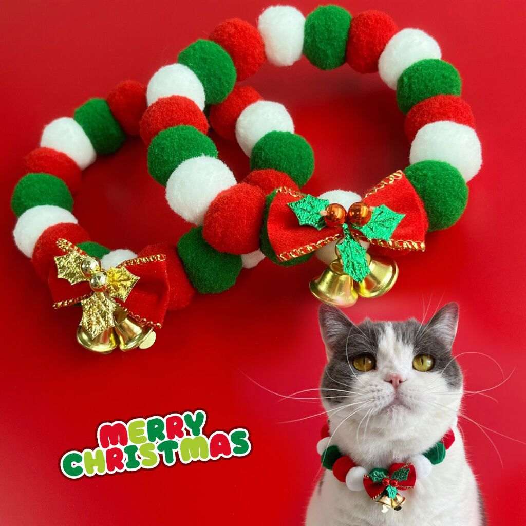 Christmas Cute Dog Cat Plush Ball Necklace Soft Elasticity Collar Pet Neck Accessories Dog Christmas Collar With Bow - Elevra