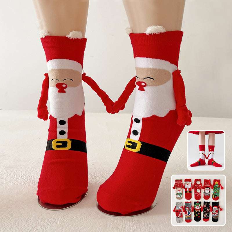 Christmas Magnetic Socks Cute Elk Santa Claus Snowman Hand - holding Socks For Couple - Elevra