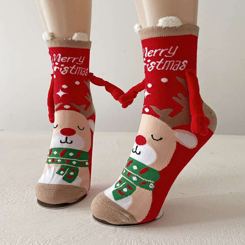 Christmas Magnetic Socks Cute Elk Santa Claus Snowman Hand - holding Socks For Couple - Elevra