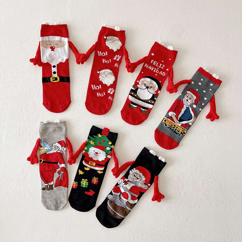 Christmas Magnetic Socks Cute Elk Santa Claus Snowman Hand - holding Socks For Couple - Elevra