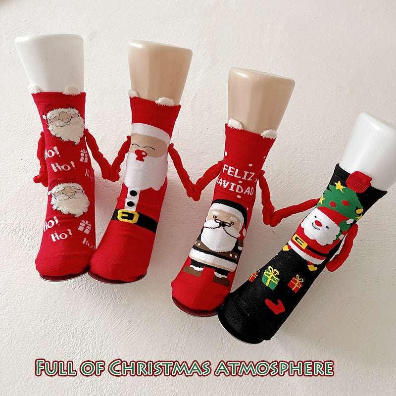 Christmas Magnetic Socks Cute Elk Santa Claus Snowman Hand - holding Socks For Couple - Elevra