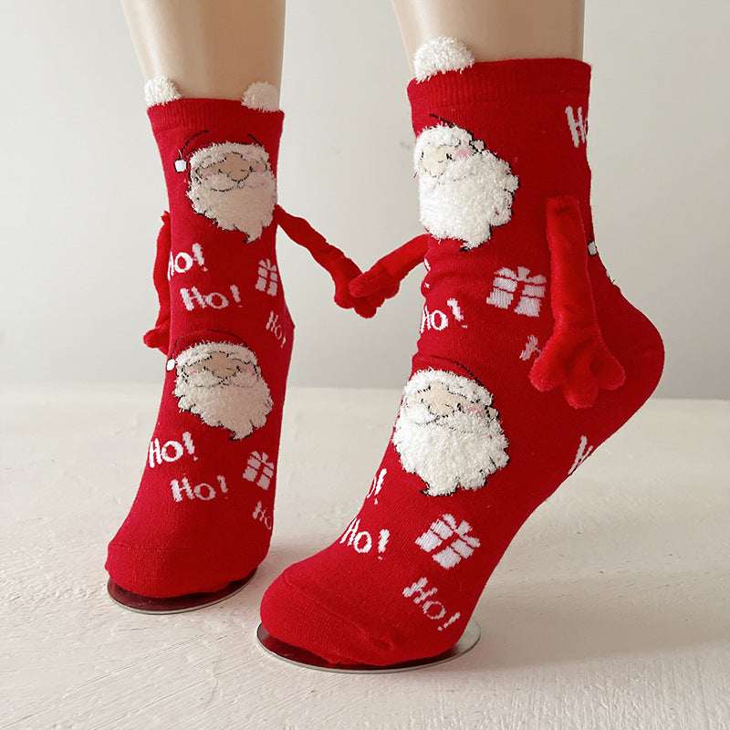 Christmas Magnetic Socks Cute Elk Santa Claus Snowman Hand - holding Socks For Couple - Elevra