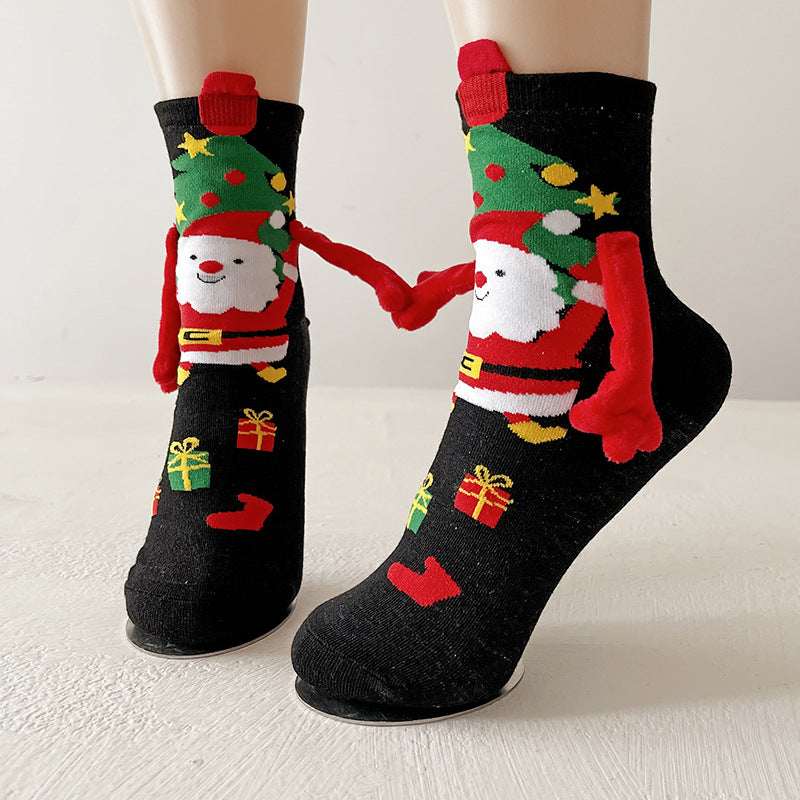 Christmas Magnetic Socks Cute Elk Santa Claus Snowman Hand - holding Socks For Couple - Elevra