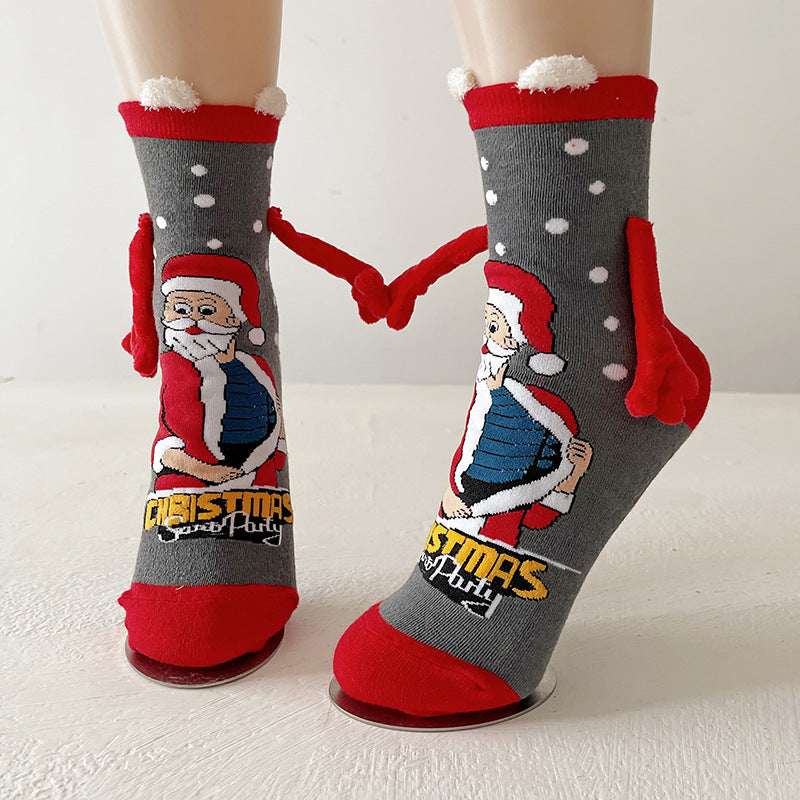 Christmas Magnetic Socks Cute Elk Santa Claus Snowman Hand - holding Socks For Couple - Elevra